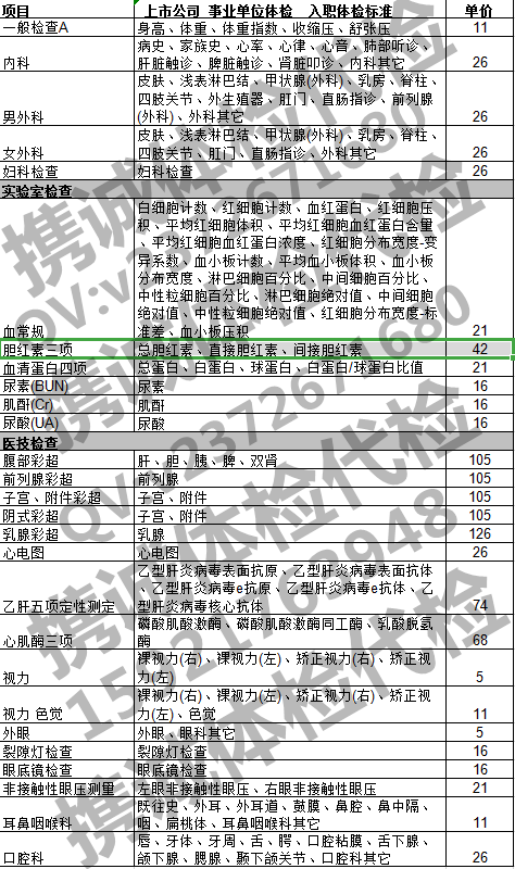 公司入职体检标准价格表