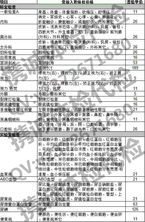 常规入职体检价格表 常规入职体检价格表