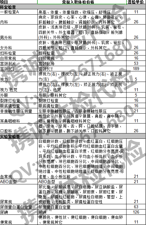 常规入职体检价格表